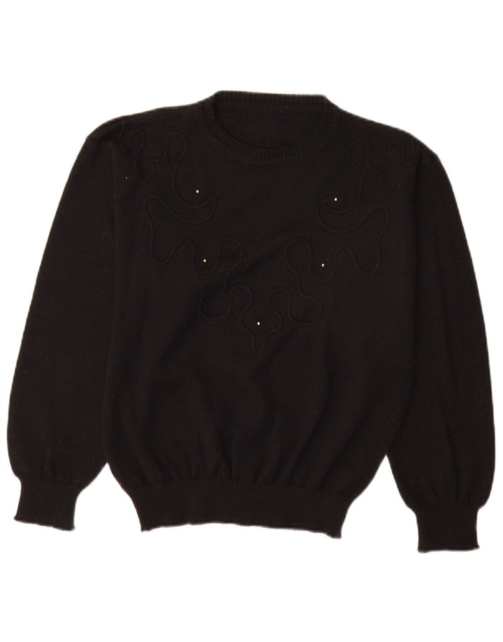 vintage Femme Crew Neck Jumper Pull EU 40 Laine Noire Moyenne
