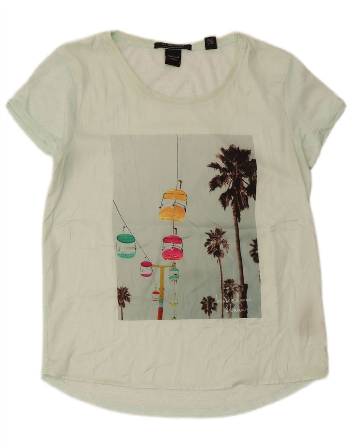 Maison Scotch Femme Graphic T-Shirt Top UK 12 Medium Green Polyester