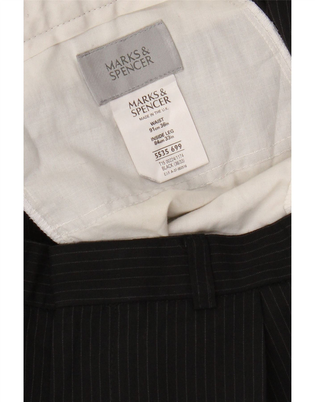 Marks & Spencer Pantalon de costume pour homme W36 L33 Noir à fines rayures Polyester
