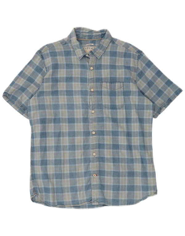 Fat Face Mens Short Sleeve Shirt Large Blue Check Linen
