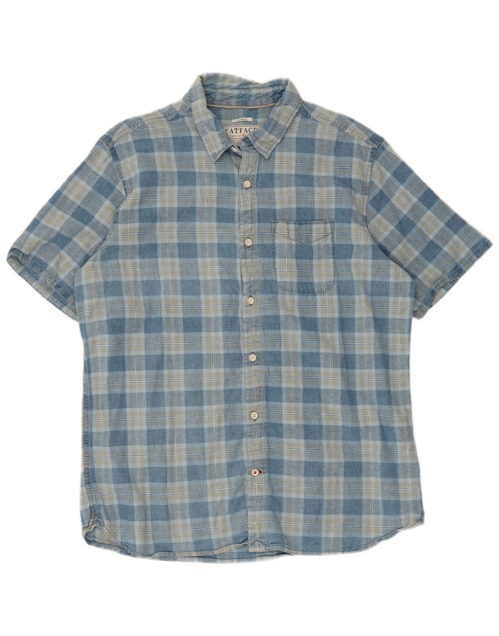 Fat Face Chemise à manches courtes pour homme en lin à carreaux bleus