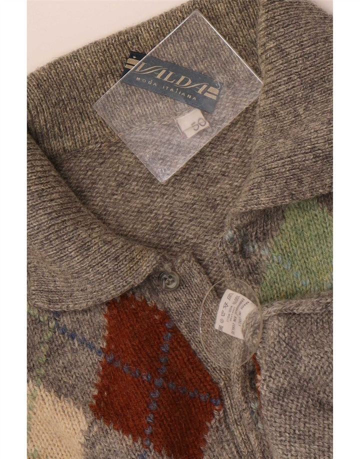 vintage Homme Polo Neck Jumper Pull IT 50 Gris Moyen Argyle/Diamond Laine