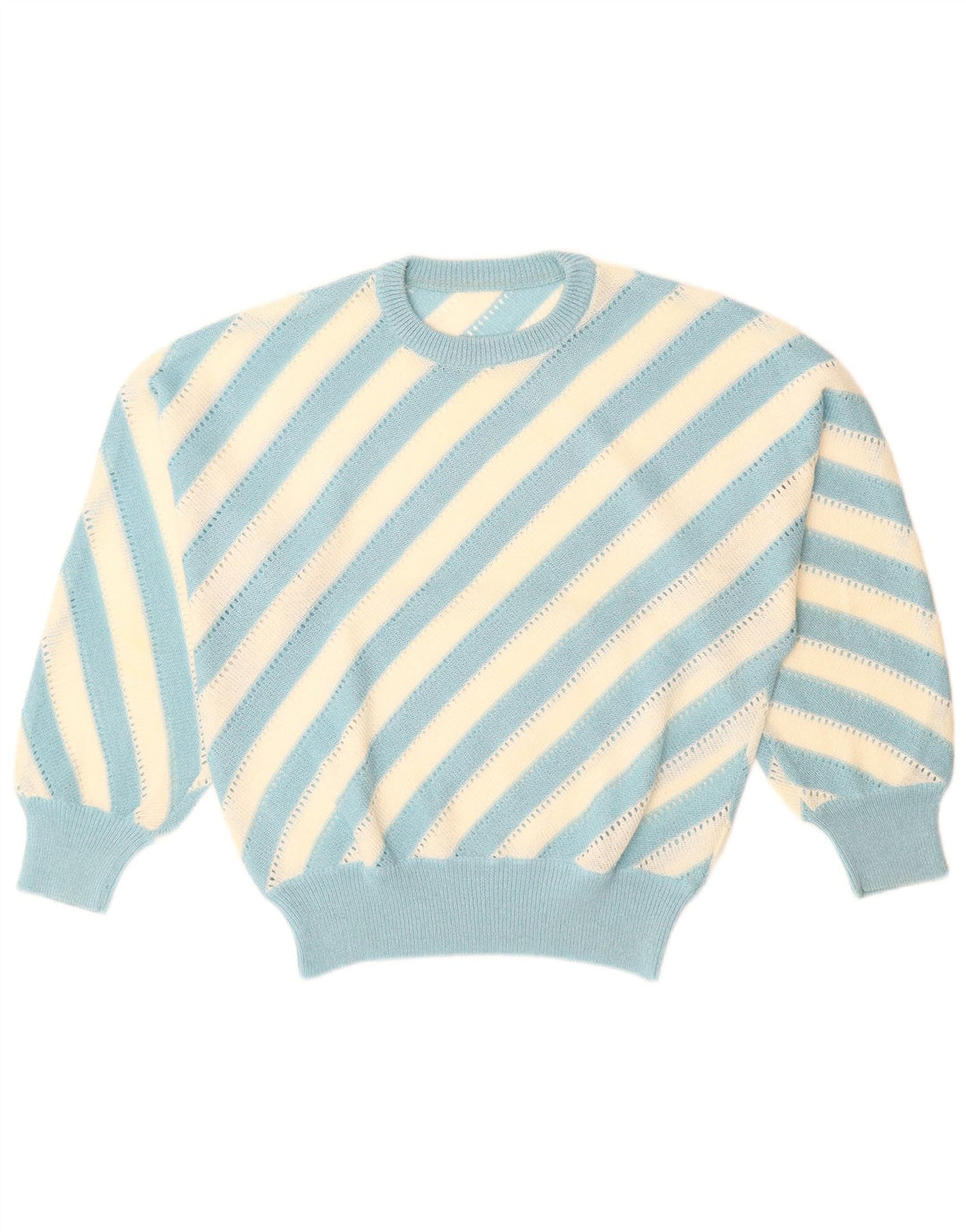 VINTAGE Femme Crew Neck Jumper Pull UK 14 Grand Bleu Rayé