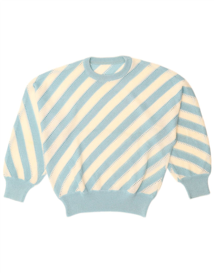 VINTAGE Femme Crew Neck Jumper Pull UK 14 Grand Bleu Rayé