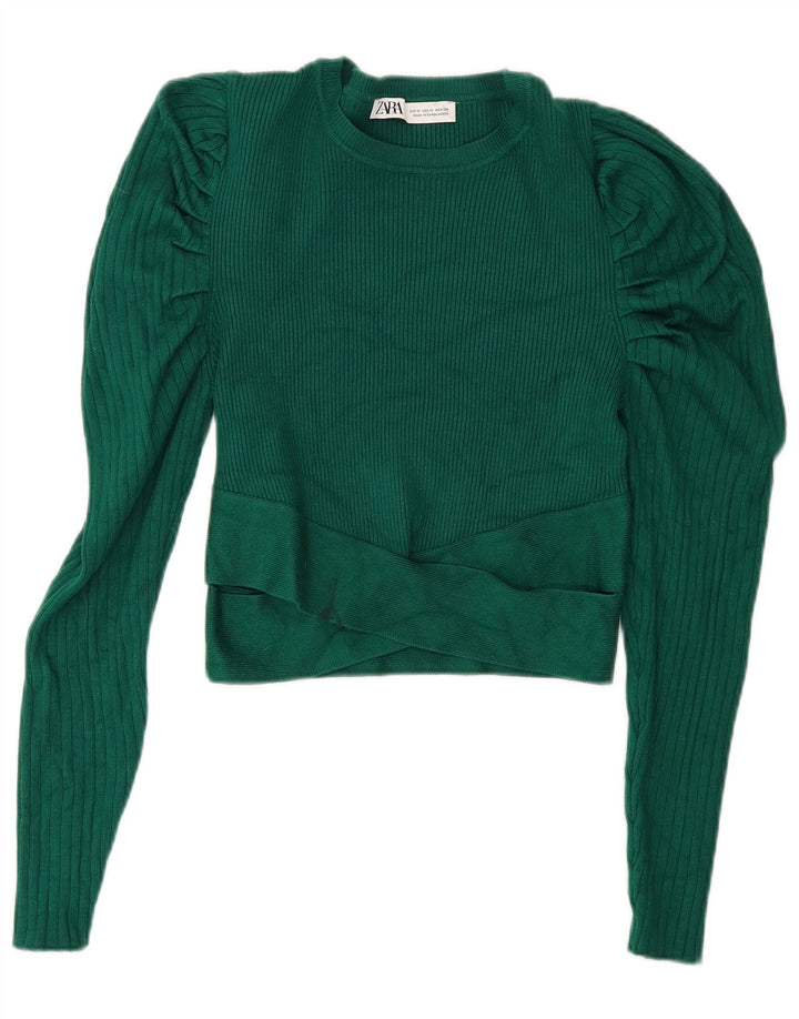 Zara Femme Crop Top Manches Longues UK 12 Vert Moyen Viscose