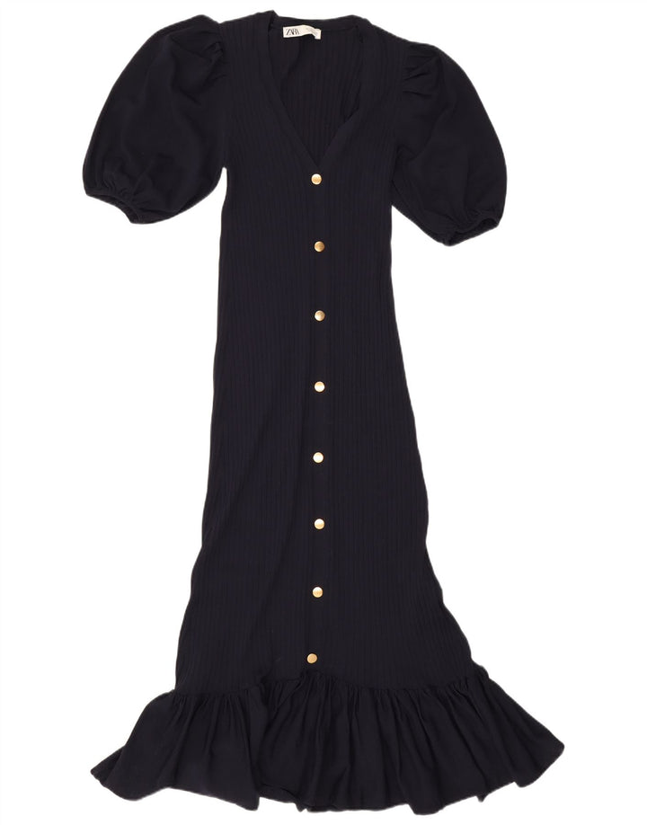 Zara Femme Maxi Robe UK 12 Moyen Bleu Marine Polyamide