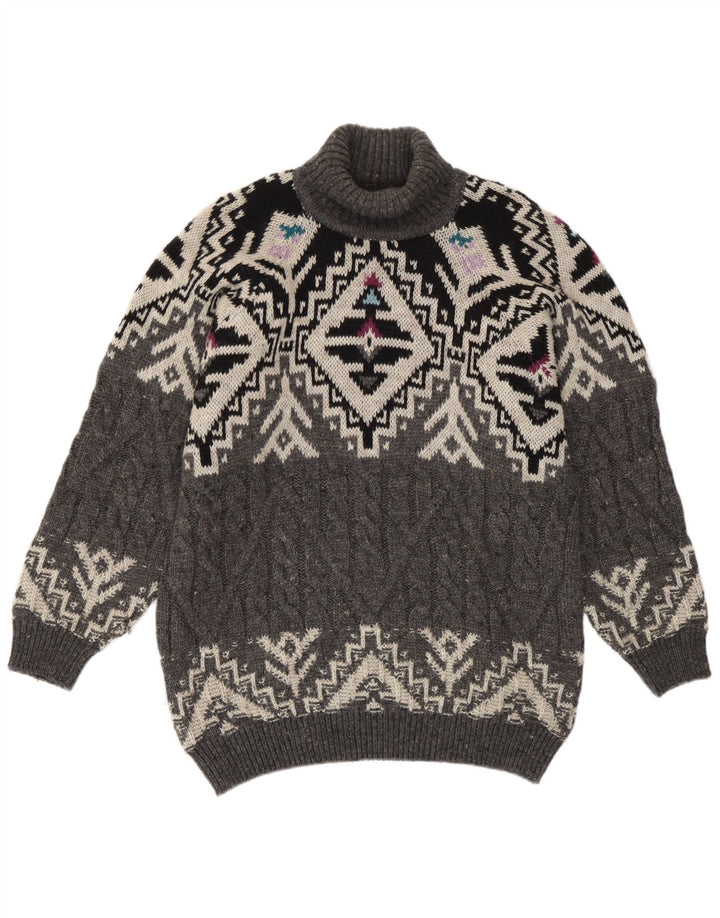 vintage Femmes Roll Neck Jumper Pull UK 14 Moyen Gris Fair Isle Wool
