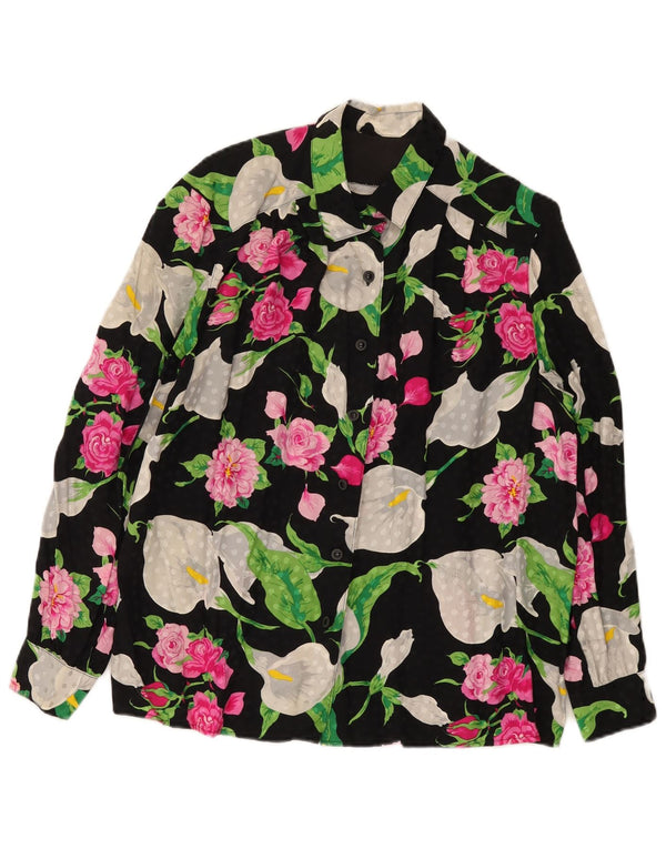 vintage Femme Chemise Blouse UK 16 Grand Noir Floral