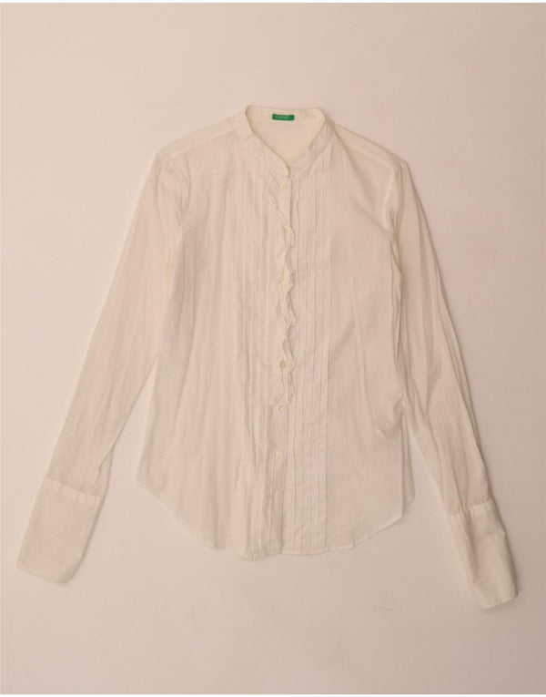 Benetton Chemise formelle à volants sur le devant pour femme UK 10 Petit coton blanc