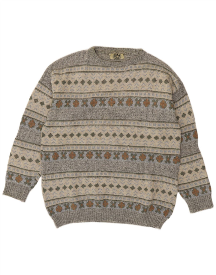 vintage Mens Crew Neck Jumper Pull Moyen Gris Géométrique