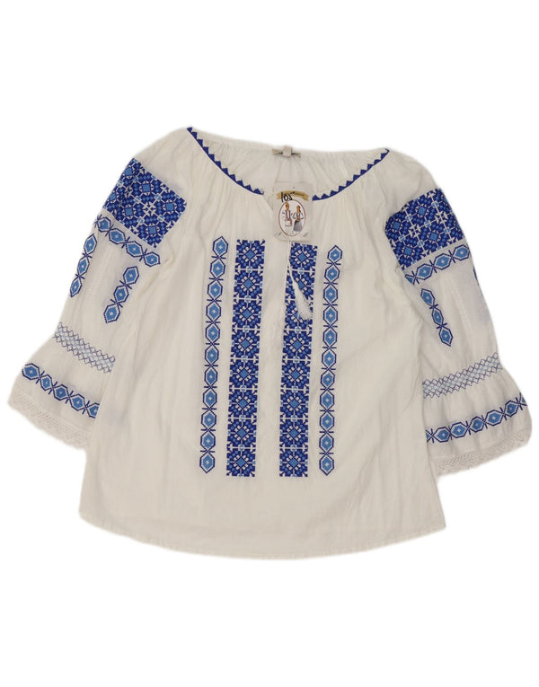 vintage Femmes 3/4 Manches Blouse Top UK 16 Grand Blanc Géométrique Ethnique