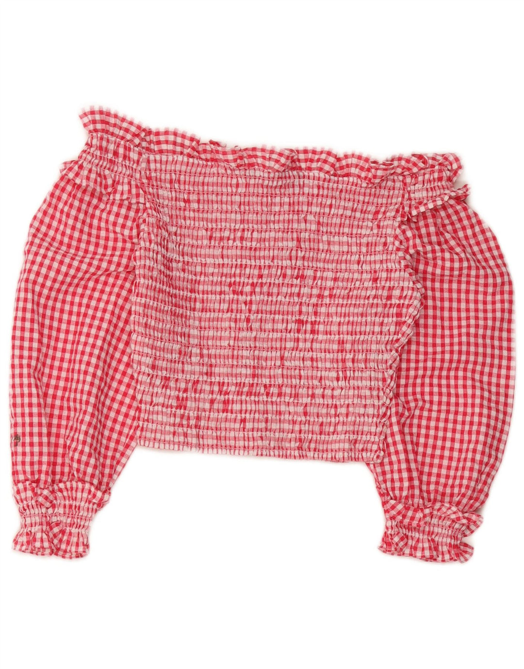 Zara Femmes Crop 3/4 Manches Hors Épaule Top UK 4 XS Rouge Vichy Polyester