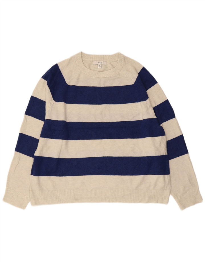 MARKS & SPENCER Pull col rond pour femme UK 18 XL Bleu marine rayé