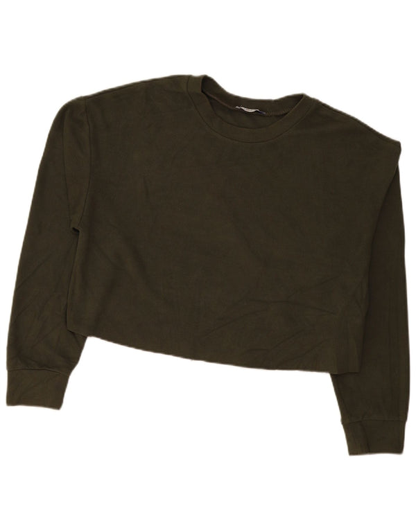 Zara Womens Crop Oversize Top Manches Longues UK 14 Moyen Kaki Coton