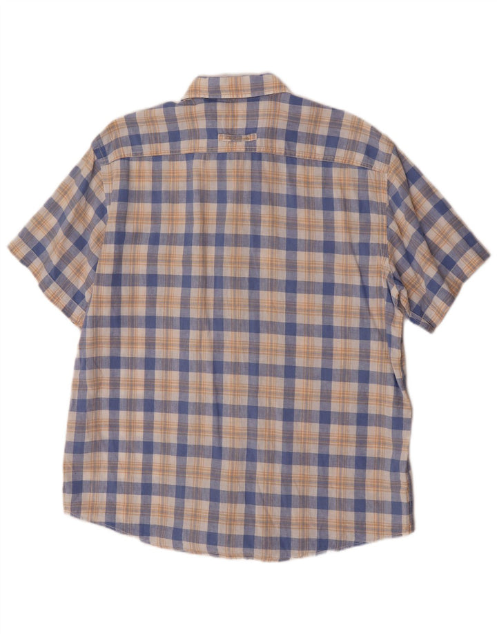 Camel Chemise à manches courtes pour homme en lin à carreaux bleus