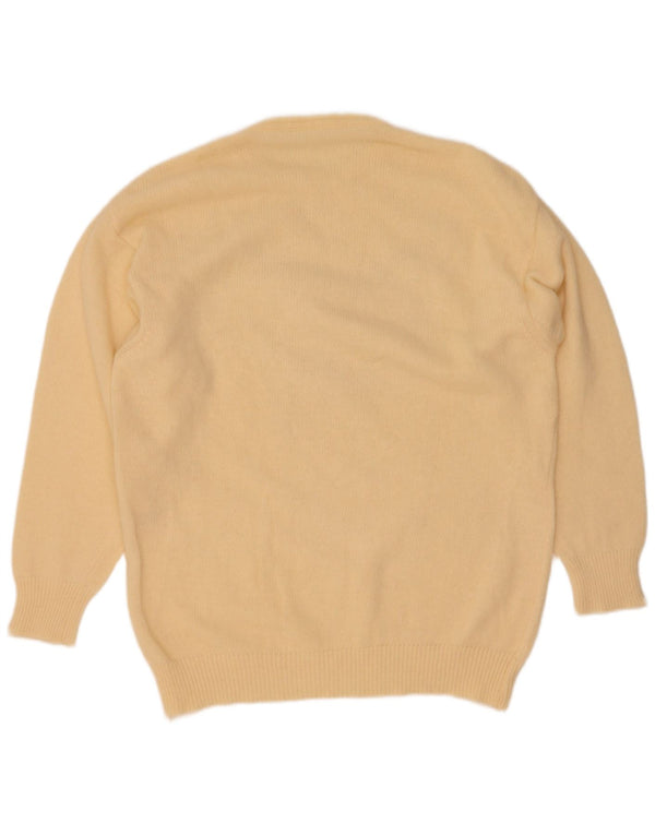 vintage Womens Graphic Crew Neck Jumper Pull UK 16 Grande laine jaune