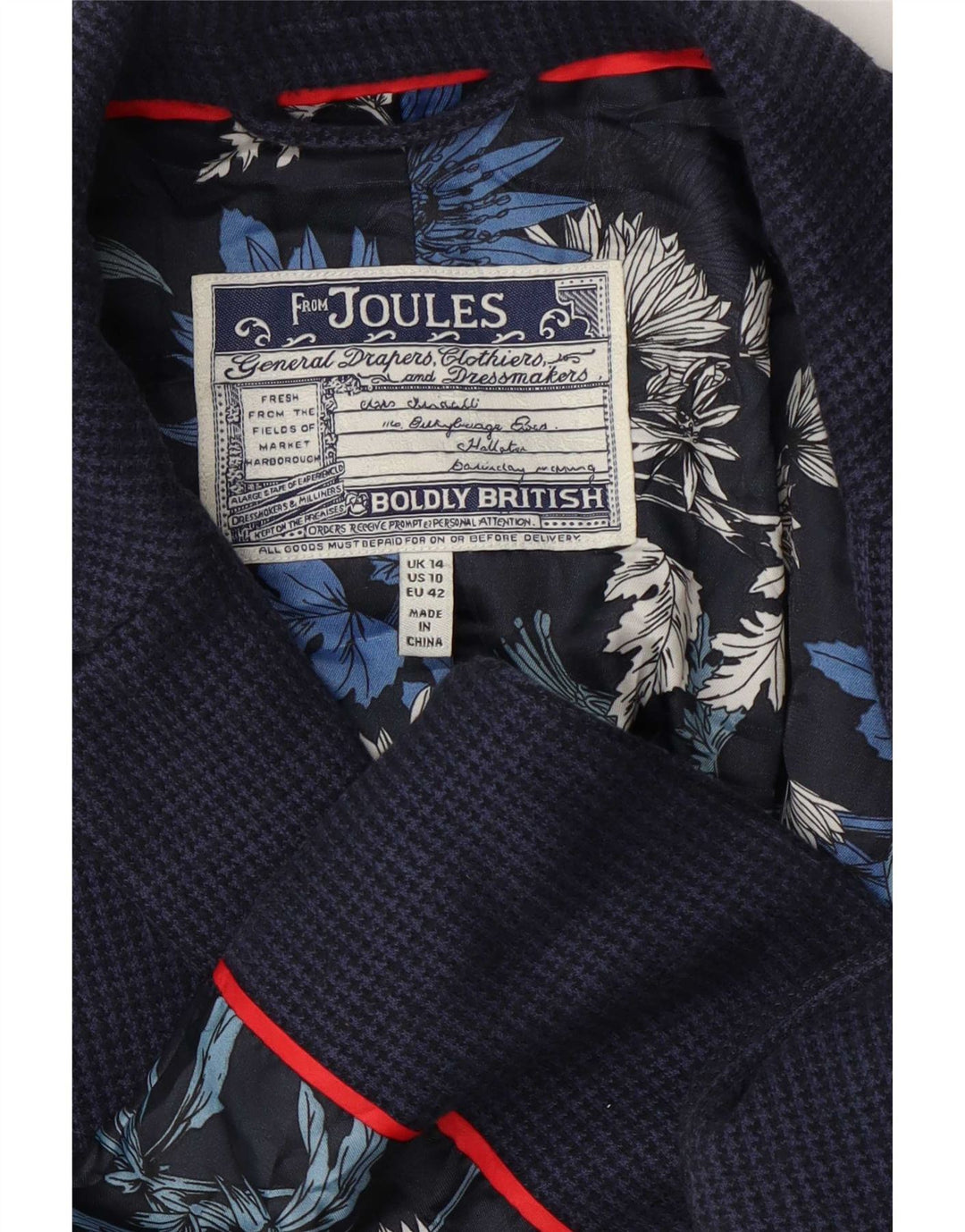 Joules Veste Blazer 2 Boutons Femme UK 14 Large Bleu Marine Pied-de-Poule