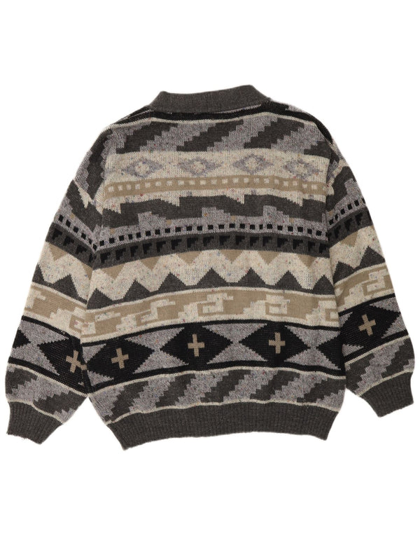 VINTAGE Homme Cardigan Pull XL Gris Géométrique Acrylique