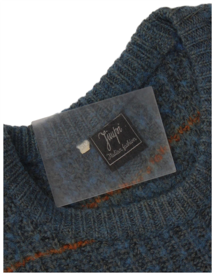 vintage Mens Crew Neck Jumper Pull IT 50 Bleu Moyen Rayé