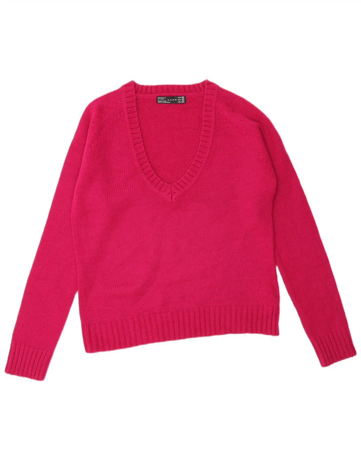 Zara Pull col V pour femme UK 14 Acrylique rose moyen