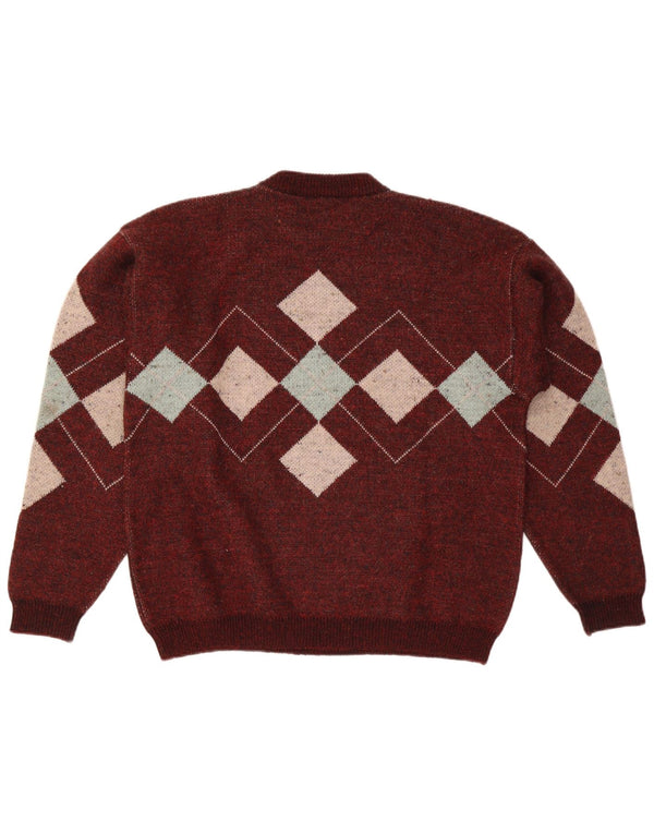 vintage Mens Crew Neck Jumper Pull Grand Bourgogne Argyle/Diamant
