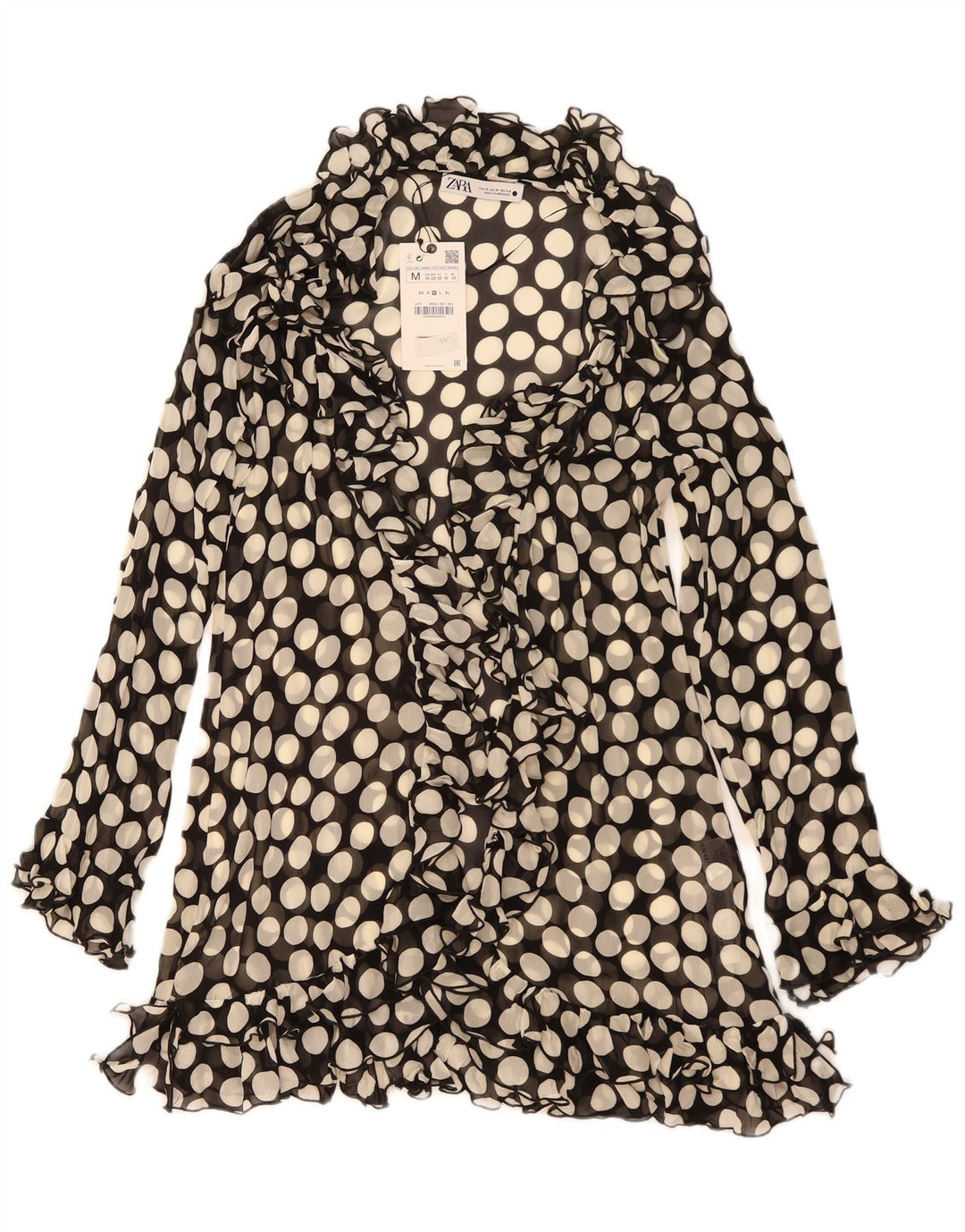 Zara Robe à volants sur le devant pour femme UK 12 en viscose à pois noir moyen