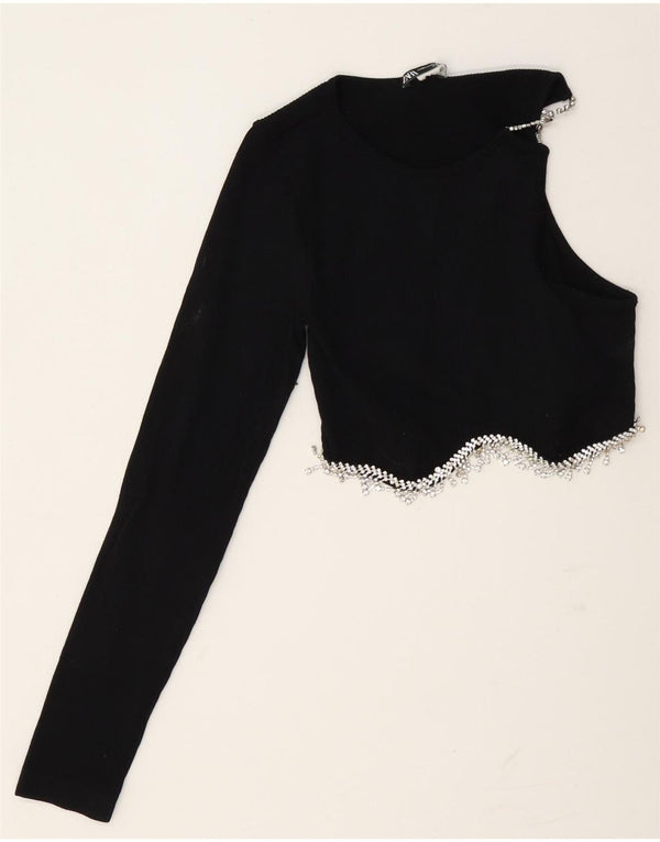 Zara Womens Crop One Épaule Top UK 14 Large Noir