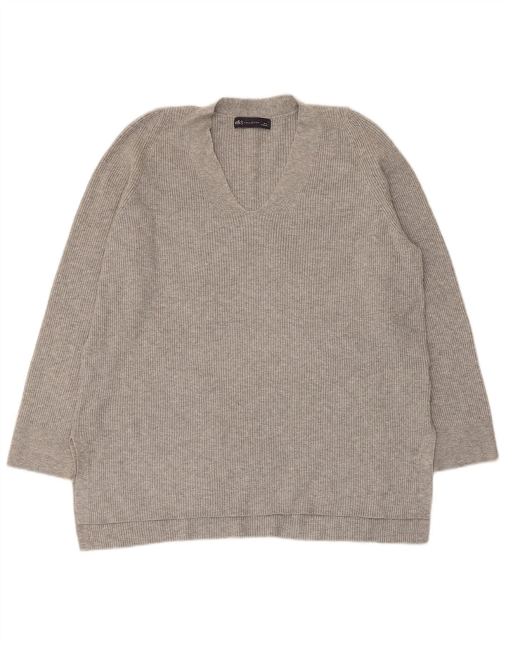 Marks & Spencer Pull col en V pour femme UK 14 Large Gris Viscose