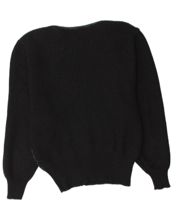 vintage Femmes Bateau Cou Jumper Pull UK 12 Moyen Noir Floral