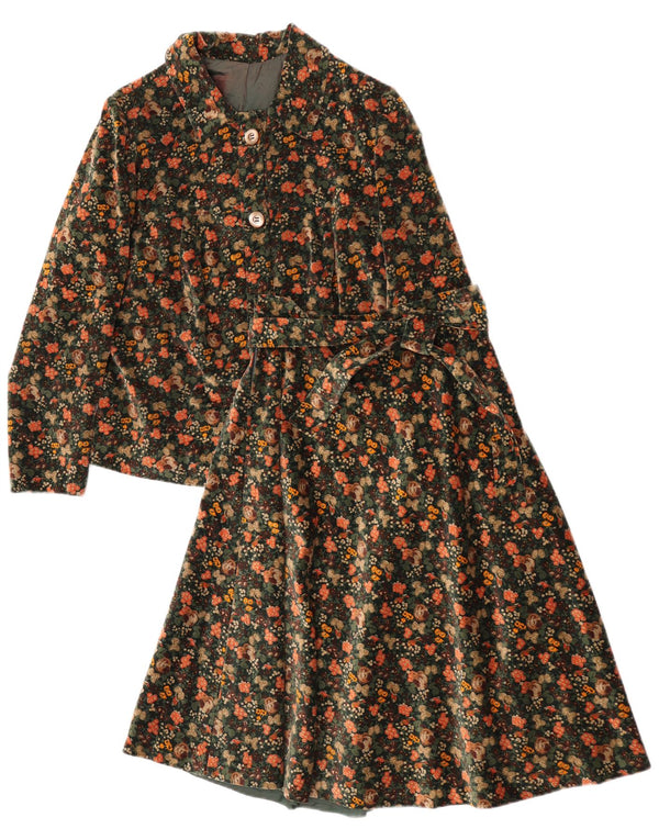 vintage Femmes Velours 2 Pièces Jupe Ensemble UK 12 Moyen W25 Vert Floral
