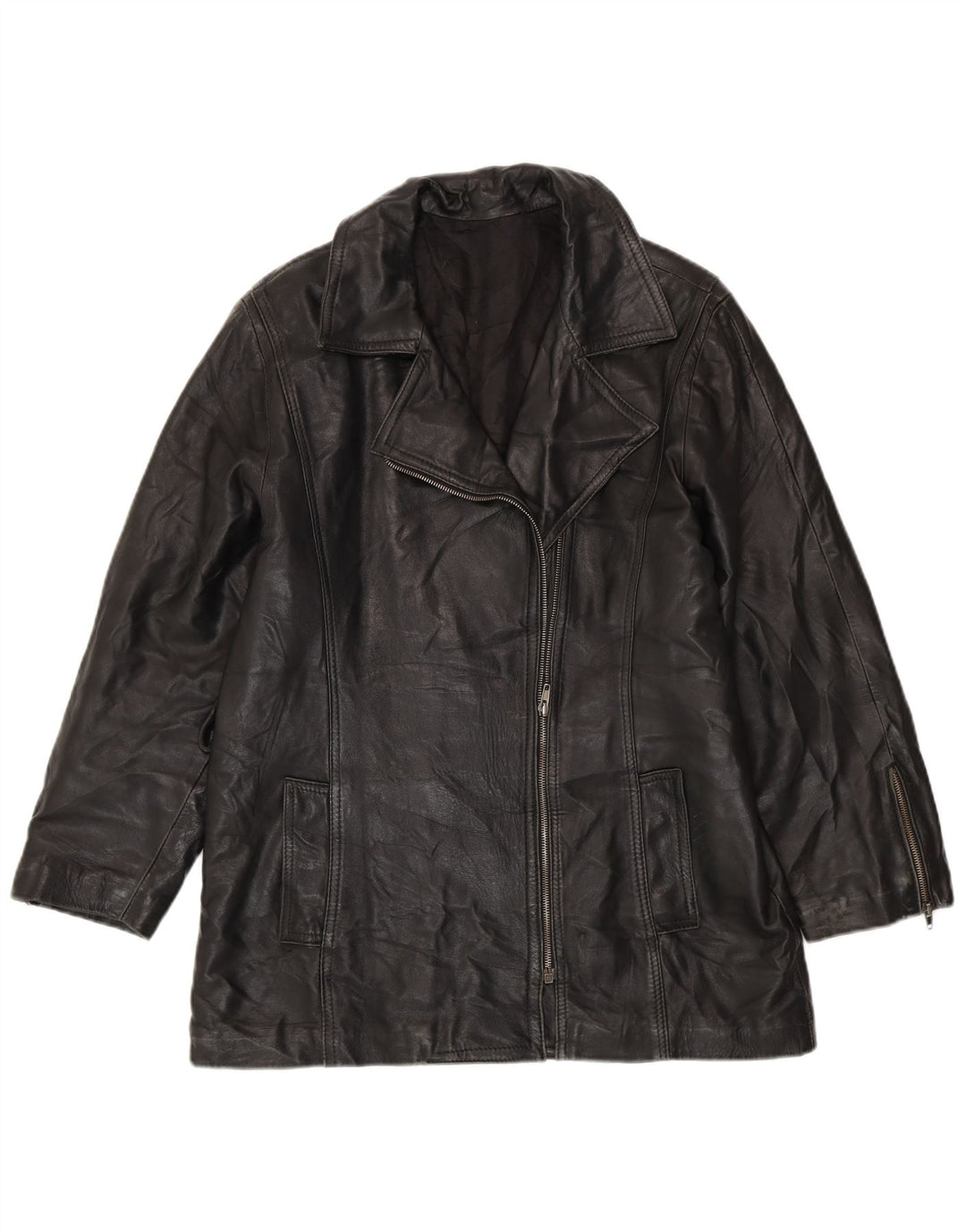 VINTAGE Veste en cuir surdimensionnée femme UK 10 Petit Noir