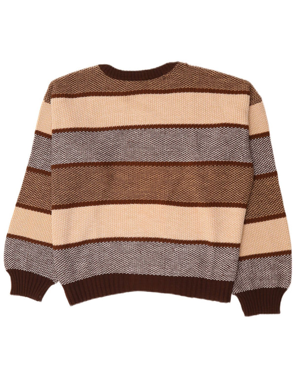 vintage Mens Crew Neck Jumper Pull XL Marron Rayé