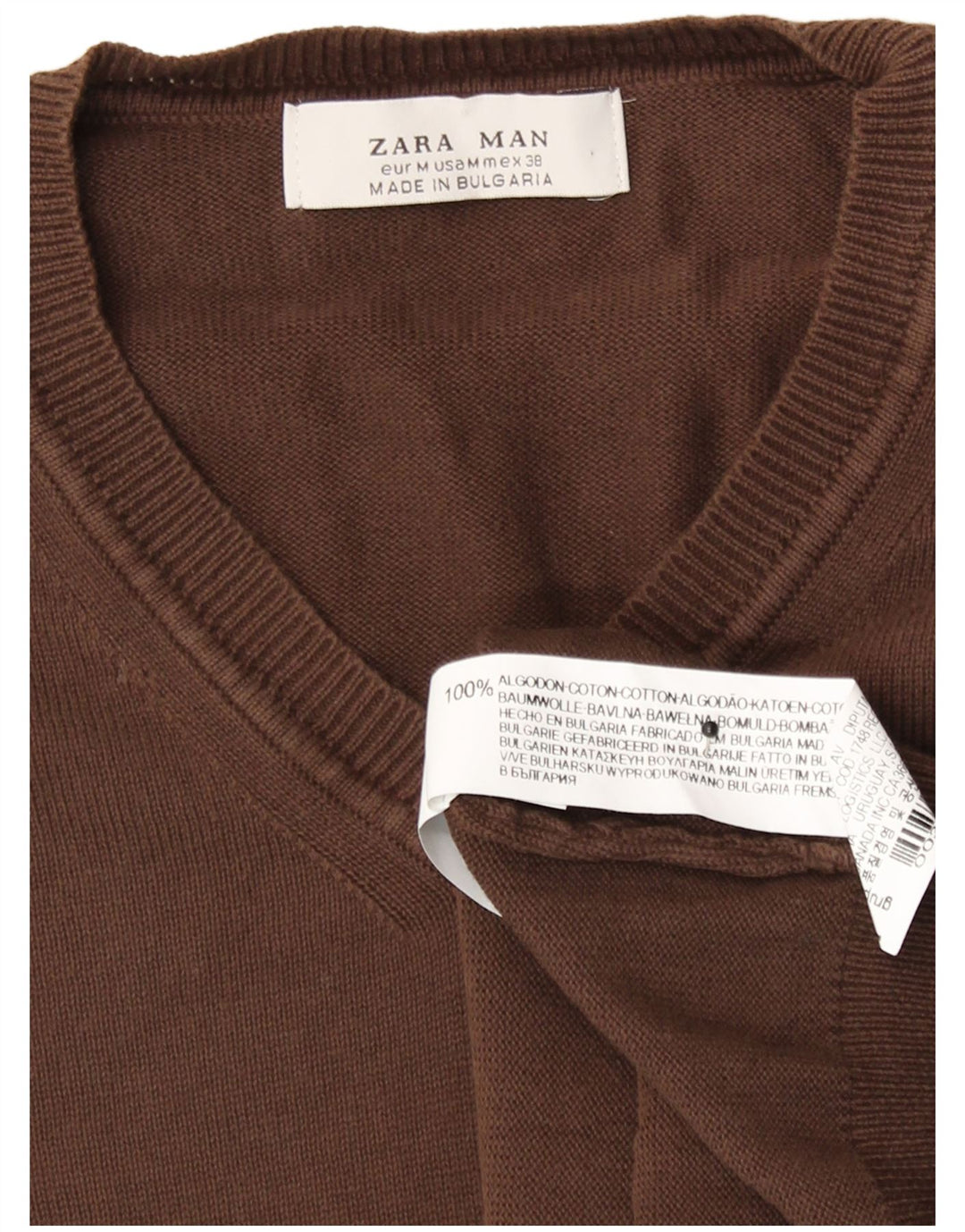 Zara Pull Col V Homme Marron Moyen Coton