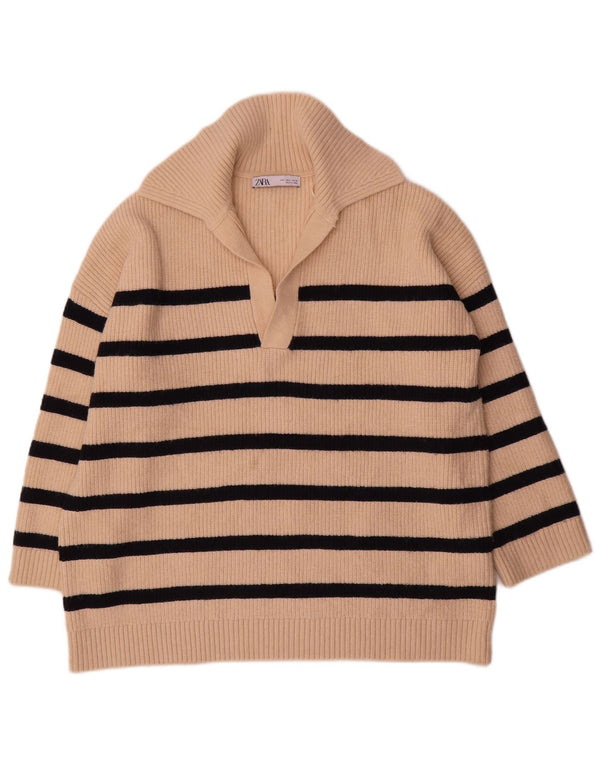 Zara Pull surdimensionné à col polo pour femme UK 16 Large Beige Rayé