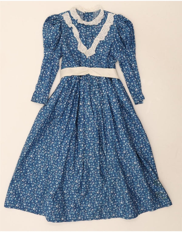 vintage Femmes Manches Longues Maxi Robe UK 10 Petit Bleu Floral