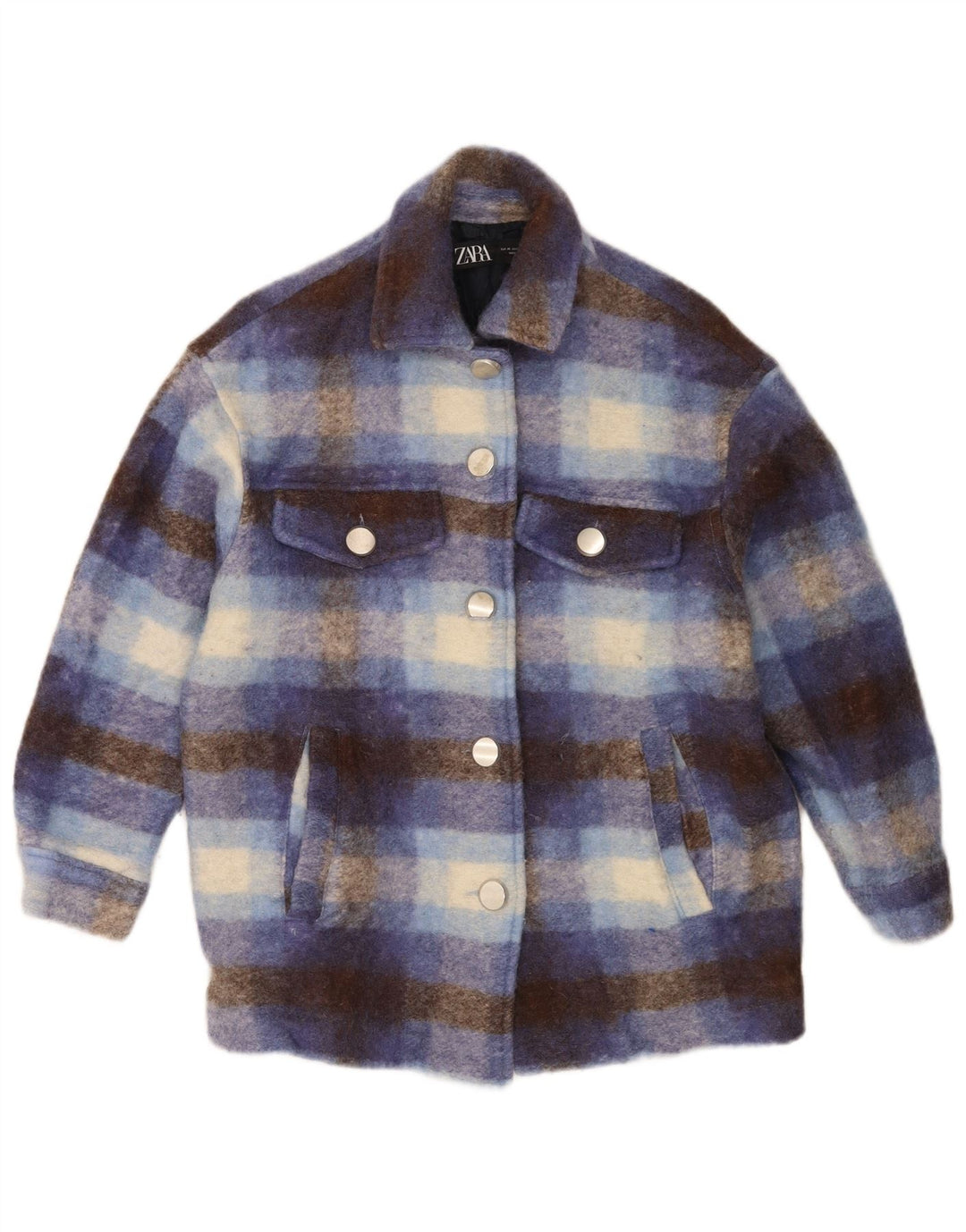 Zara Veste Shacket surdimensionnée pour femme UK 6 XS en laine à carreaux bleu