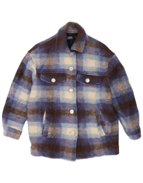 Zara Veste Shacket surdimensionnée pour femme UK 6 XS en laine à carreaux bleu