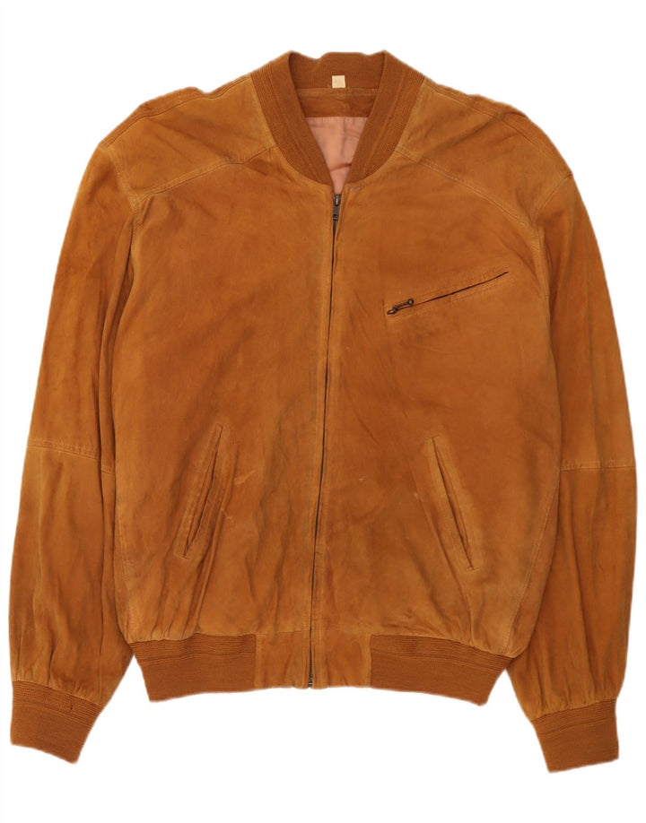 vintage Mens Suede Bomber Jacket IT 54 2XL Cuir Marron