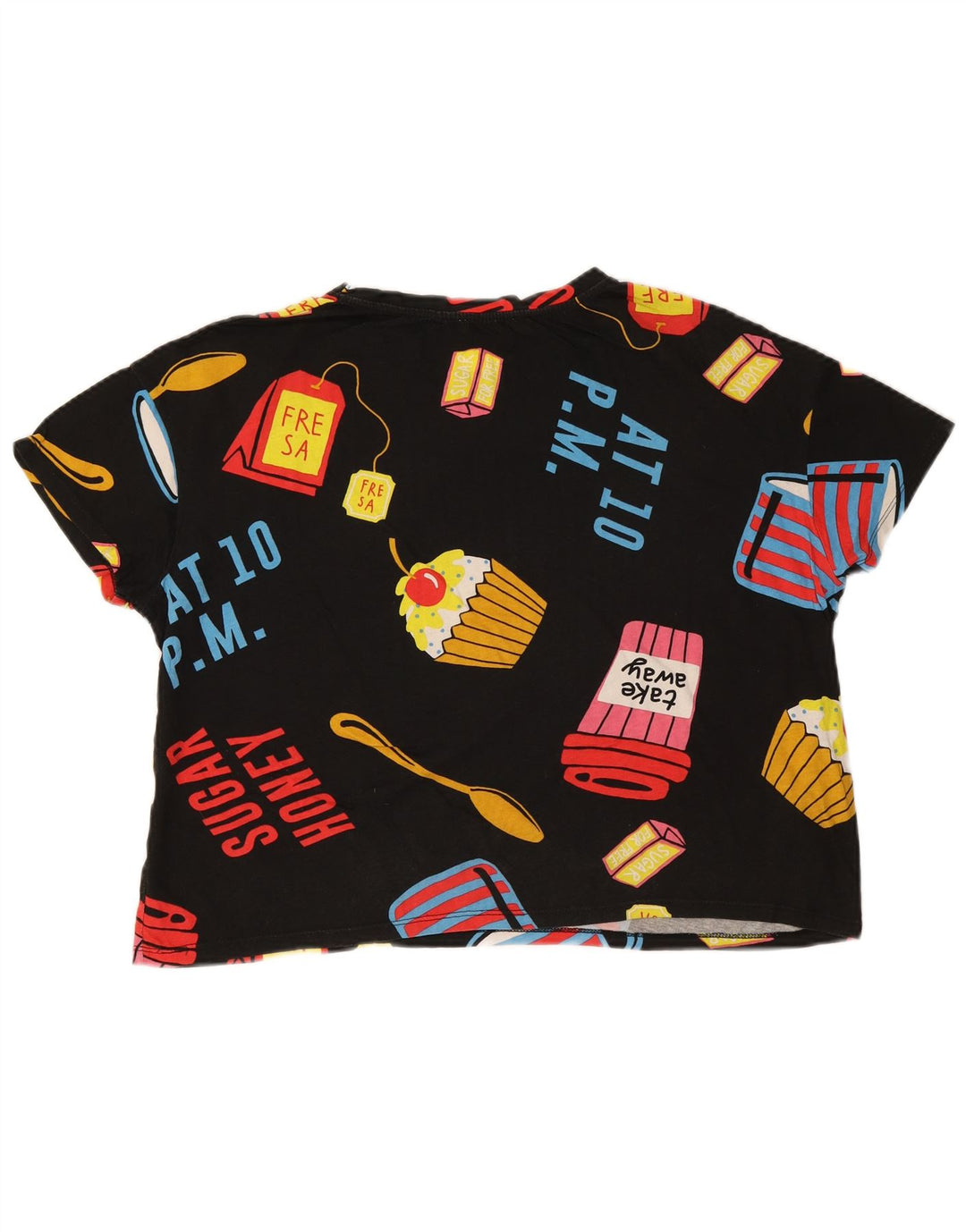 Zara Womens Crop Oversize Graphic T-Shirt Top UK 14 Noir Moyen