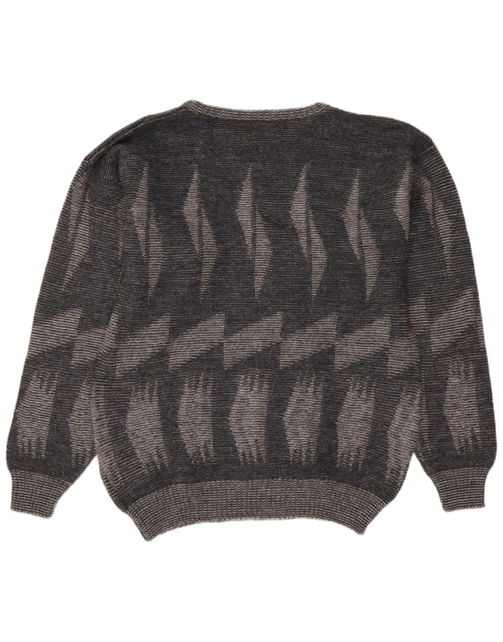 vintage Mens Crew Neck Jumper Pull Grand Gris Géométrique