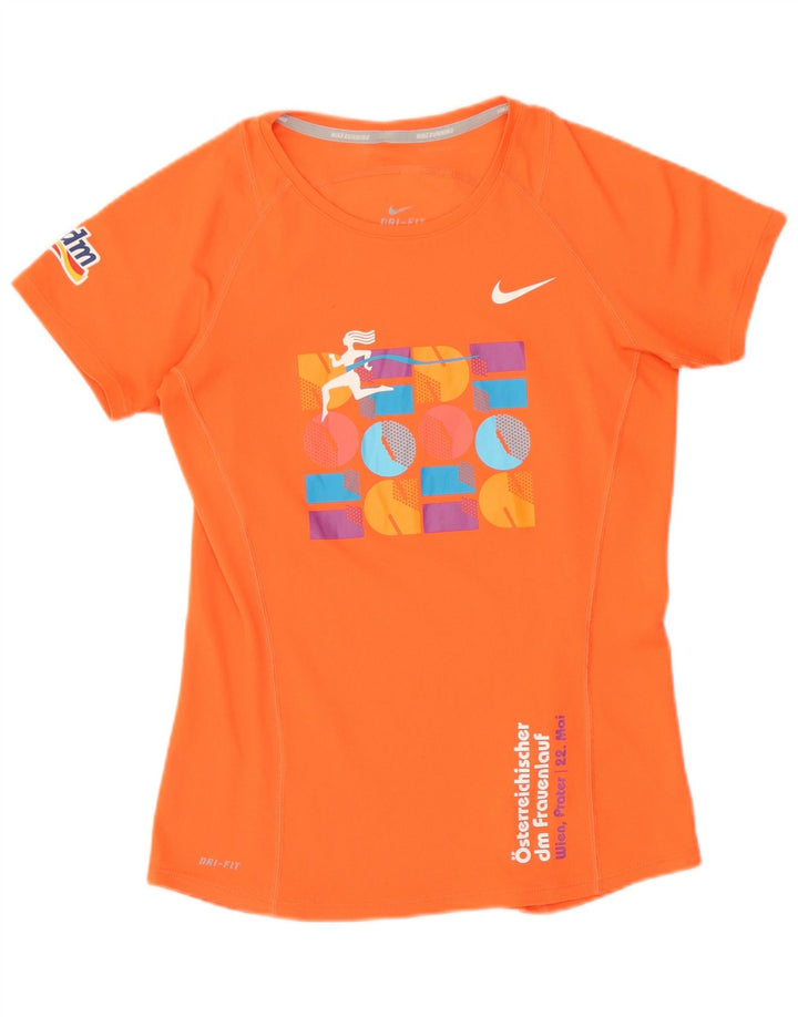 Nike Womens Dri Fit Graphic T-Shirt Top UK 10 Petit Orange Polyester