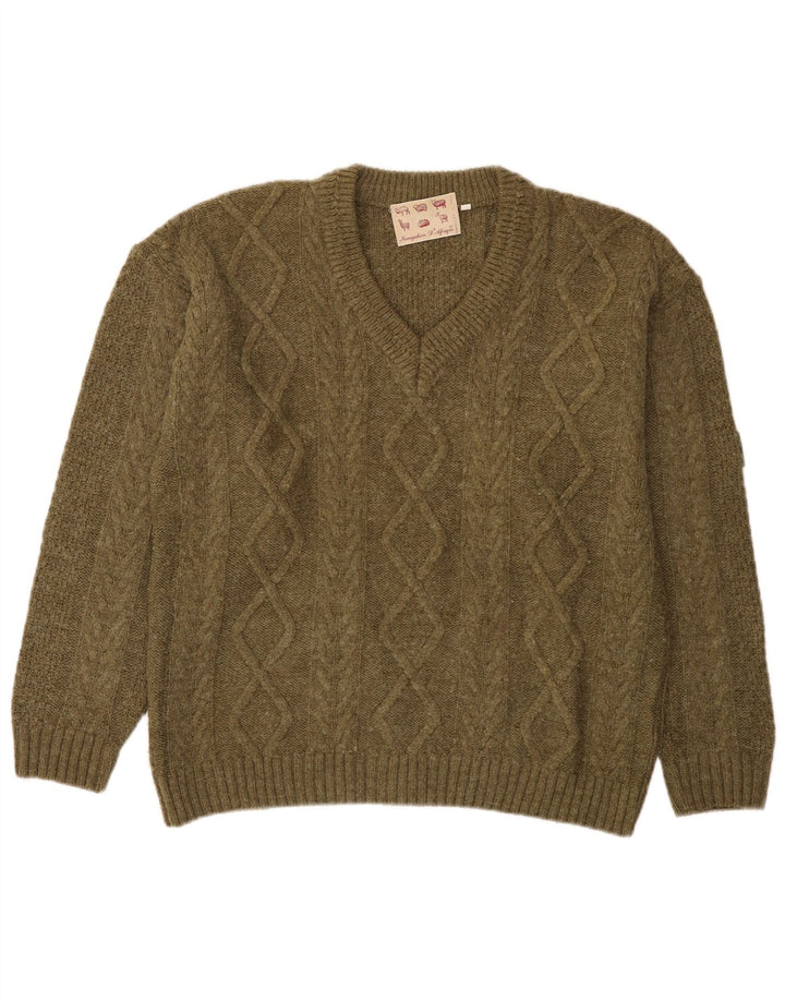 vintage Homme Col V Pull Pull Moyen Kaki Acrylique