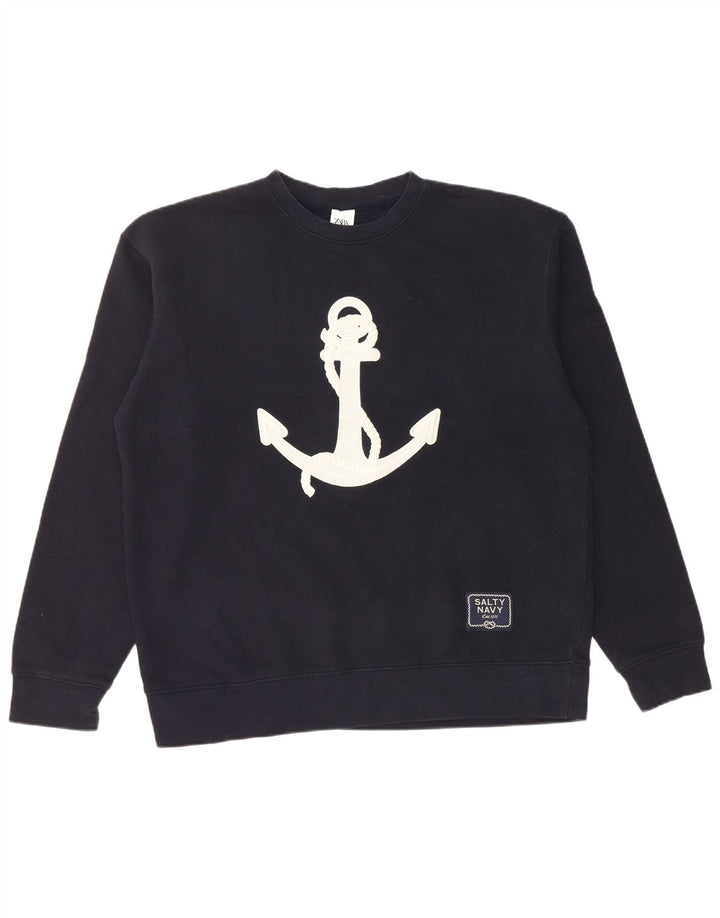 Zara Mens Graphic Sweatshirt Jumper Large Bleu Marine Coton Nautique