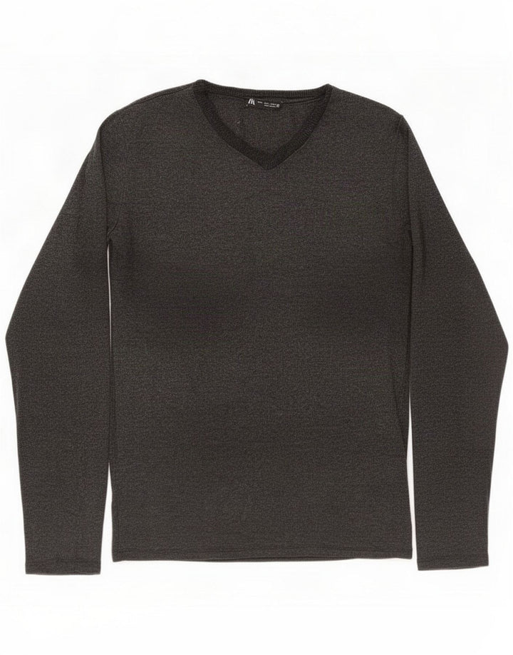 Zara Pull col en V pour femme UK 14 Large Gris Polyester