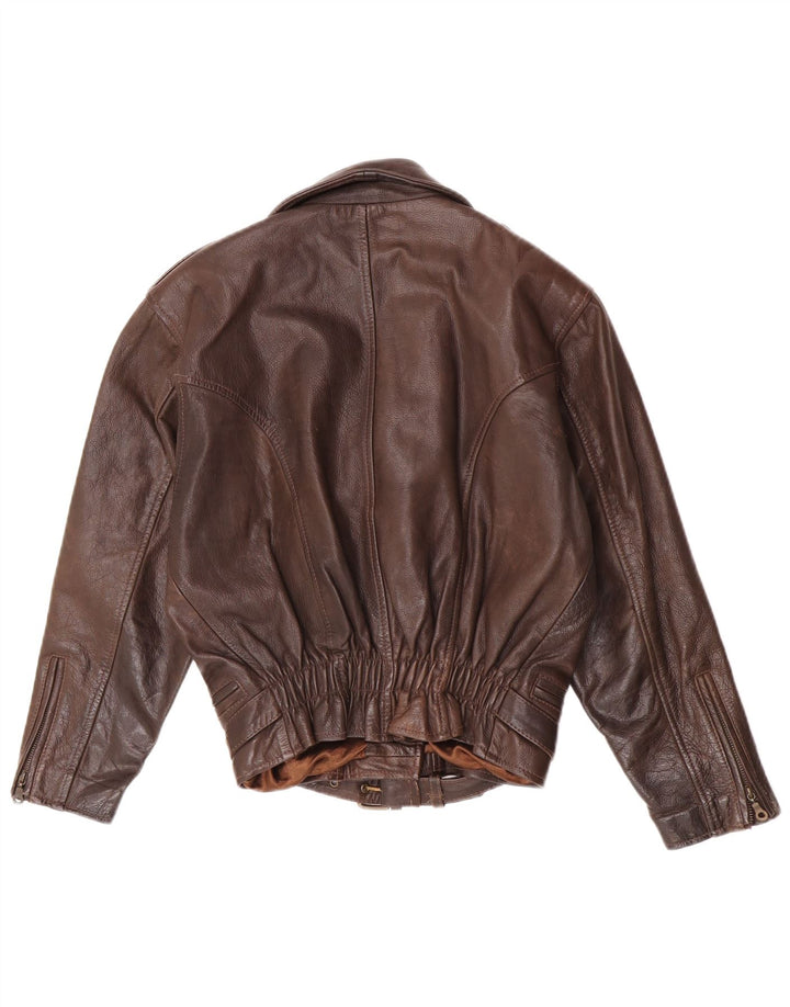 vintage Femme Veste de motard en cuir surdimensionné UK 6 XS Cuir Marron