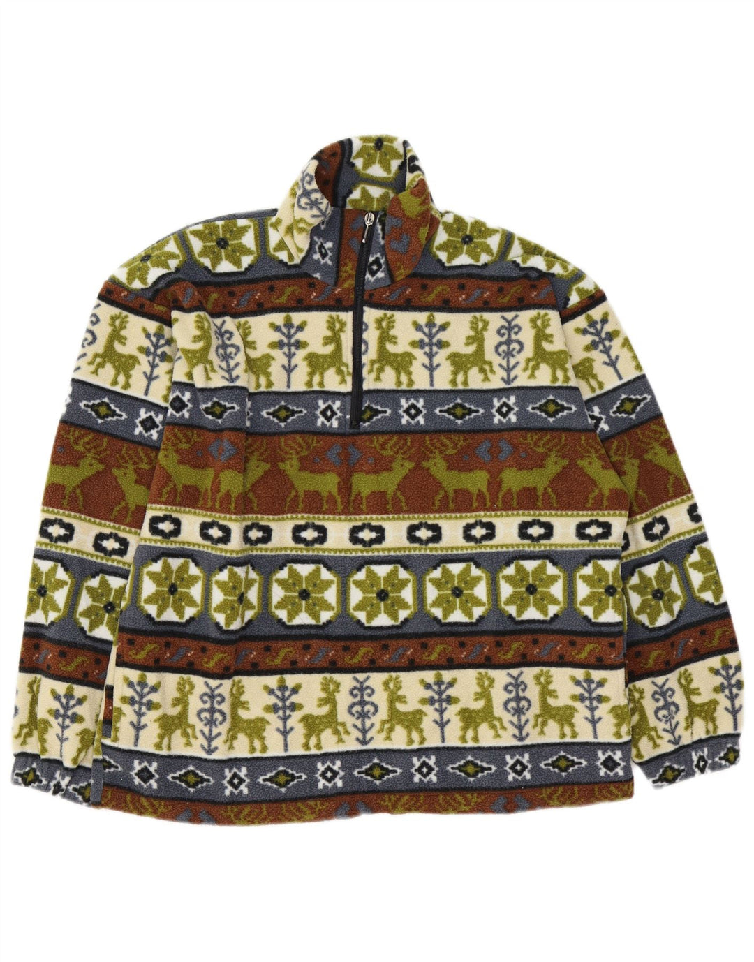 vintage Mens Zip Neck Fleece Jumper Moyen Multicolore Fair Isle