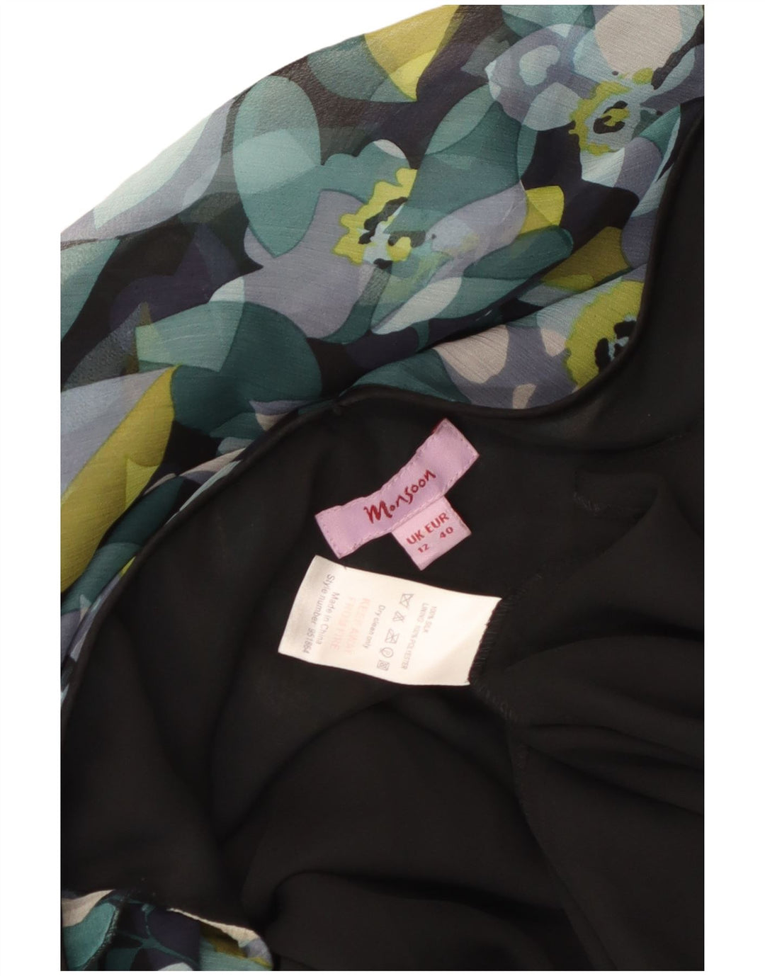 Monsoon Robe d'été pour femme UK 42 en soie florale noire moyenne