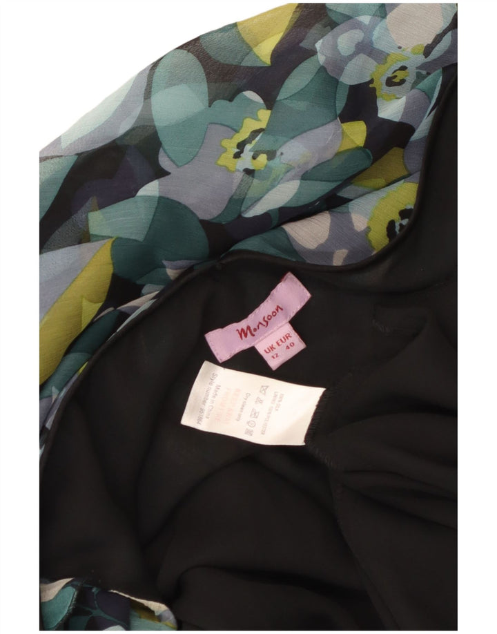 Monsoon Robe d'été pour femme UK 42 en soie florale noire moyenne