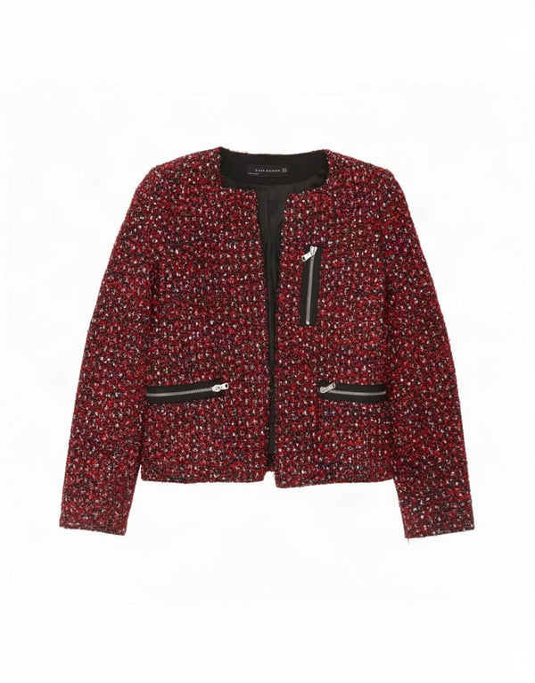 Zara Womens Open Blazer Veste UK 12 Moyen Rouge Moucheté