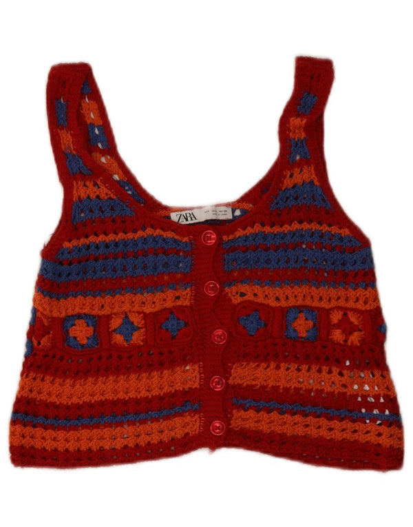 Zara Womens Haut court sans manches au crochet UK 8 Petit coton géométrique rouge